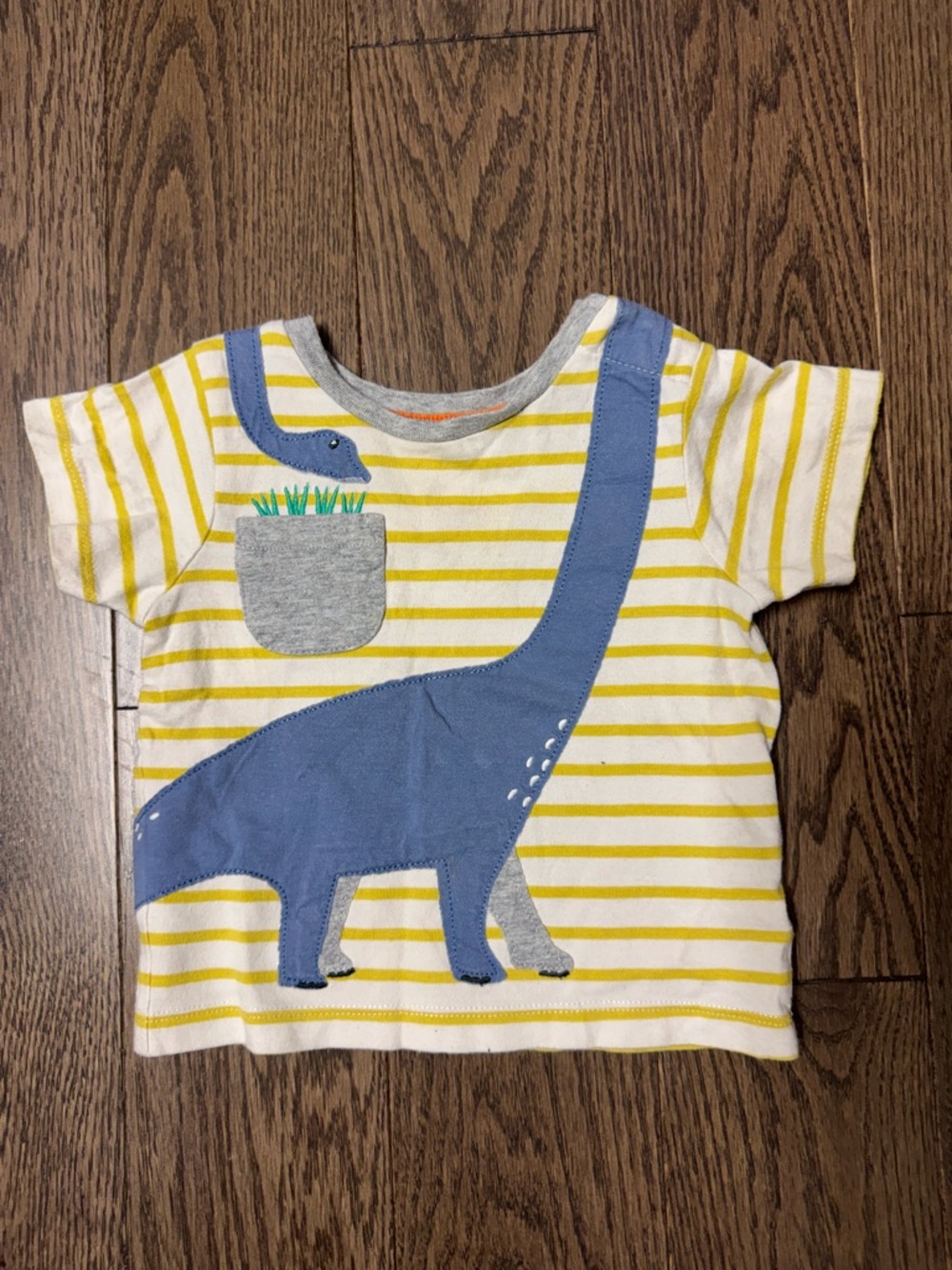 Mini Boden Yellow & White Striped Tee with Blue Dinosaur Applique size 6/12m